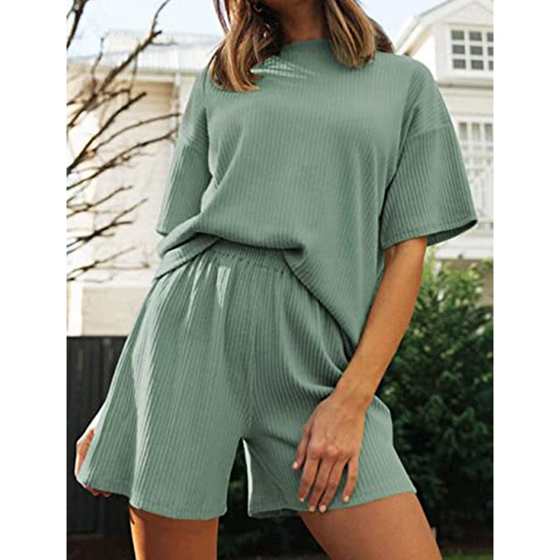 

Round Neck Solid Fashion Female Suit Short Sleeve Top + Shorts Causal All-Match Two Piece Set Women'S Clothing Hot Sale