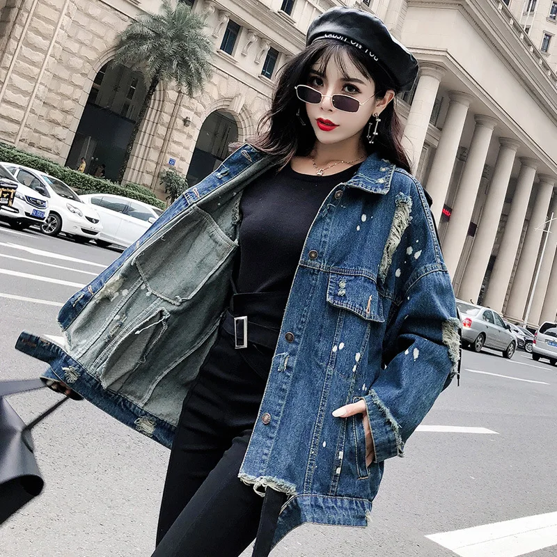 

Women BF Harajuku Sequins Patchwork Animal Wolf Totem Ripped Hole Denim Jacket Spring Autumn Casual Loose Hip Hop Denim Jacket