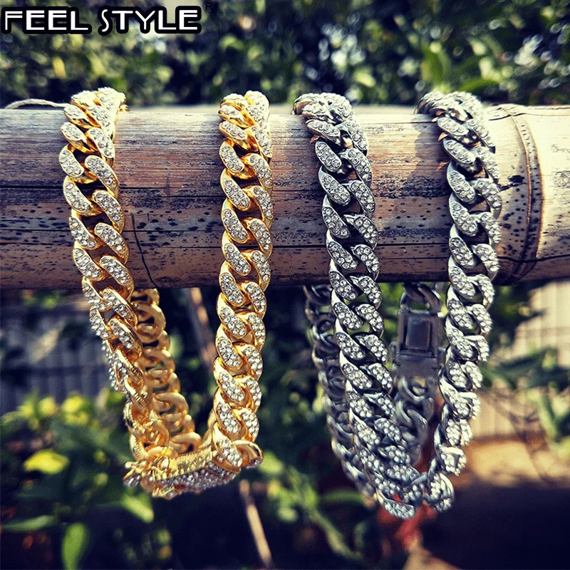 Iced Out проложили Стразы 1 компл. 13 мм золото серебро полный кандалы Майами кубинская цепь CZ Bling Рэппер ожерелья для мужчин хип хоп ювелирные изделия