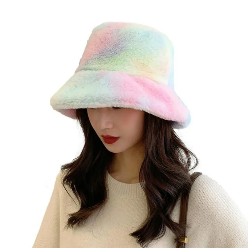 

Colorful Faux fur Winter Bucket Hat High Quality Artificial Fur Warm Soft Rainbow Women Panama Casual Autumn Female Cap Dropship