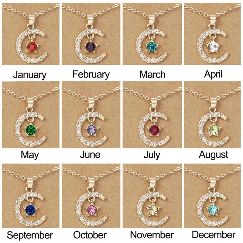 

Birth Month Moon Stars Pendant Necklace For Women Shiny Rhinestone Birthstone Clavicle Chain Wish Card Jewelry Gifts