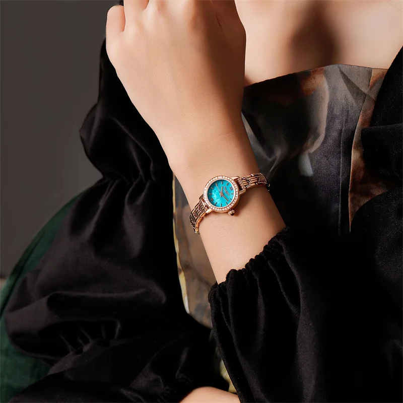 

Lake Blue Women Bracelets Watches Full Steel Wristwatch Sparkly Zircons Crystals Watches Quartz Fashion Summer Dress Clocks 3ATM
