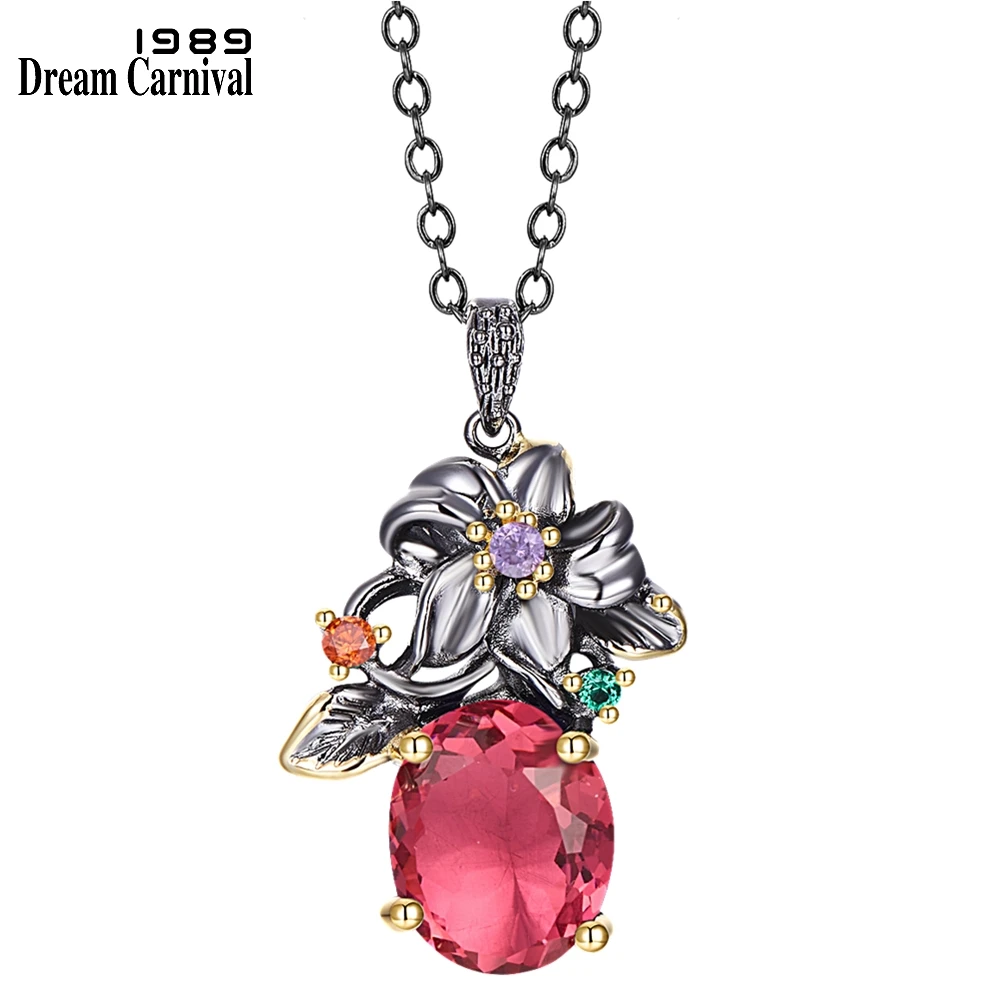 DreamCarnival1989 New Vintage Flower Chain Necklace Fuchsia Zirconia Pendant For Women Girl Party Fashion Jewelry Gift WP6862FU