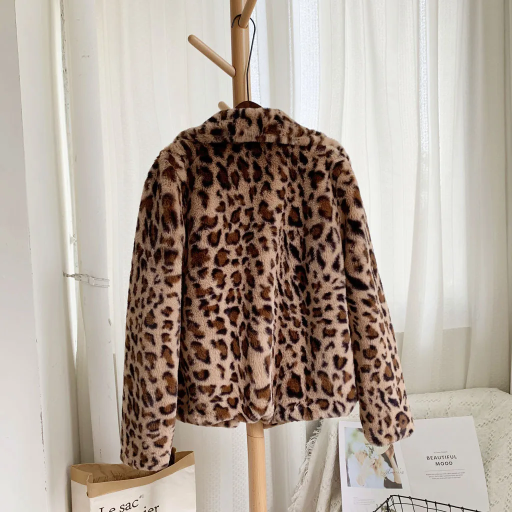 2020 Autumn Winter Loose Medium Short Windbreaker Lamb Coat Leopard Print Plush Women | Женская одежда