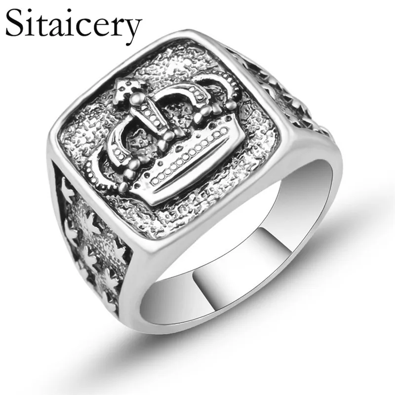 Sitaicery, модное кольцо в стиле хип-хоп, Звездный крест, корона, мужские аксессуары, Ретро стиль, панк-рок, большой Байкер, перстень, античное серебряное ювелирное изделие