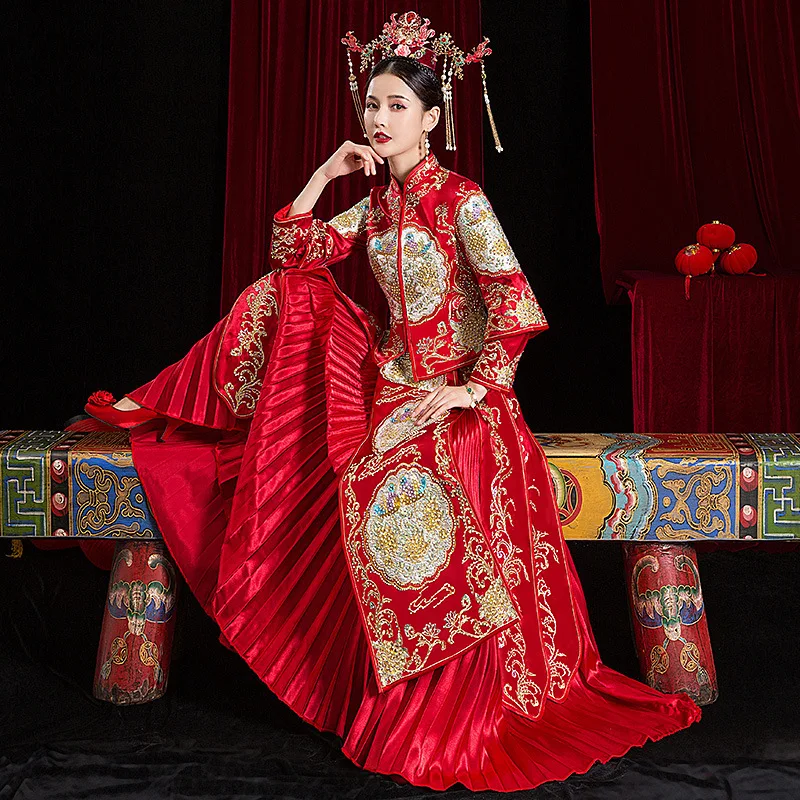 Новое свадебное платье для невесты изысканный Свадебный комплект Чонсам в