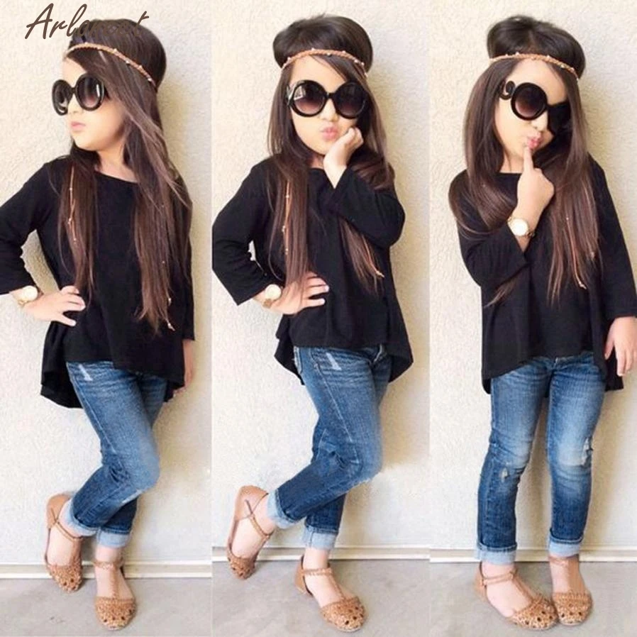 Одежда для маленьких девочек футболка с длинными рукавами Топы + джинсовые штаны