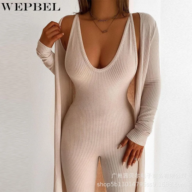 

WEPBEL Women's Sexy Solid Color Slim Suit Autumn V-neck Sleeveless High Waist Jumpsuits + Cardigan Long Sleeve Jacket Suit