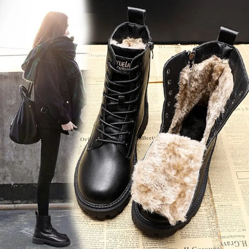 

Women Ankle Boots Plus Velvet Thicken Shoes Ladies 2022 Winter New Fashion British Style Lace Up Female Leather Short Snow Boats