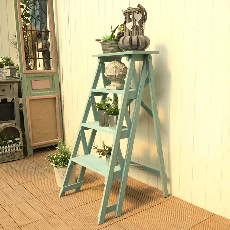 

4 steps fold vintage handicraft decorative wood ladder display shelf