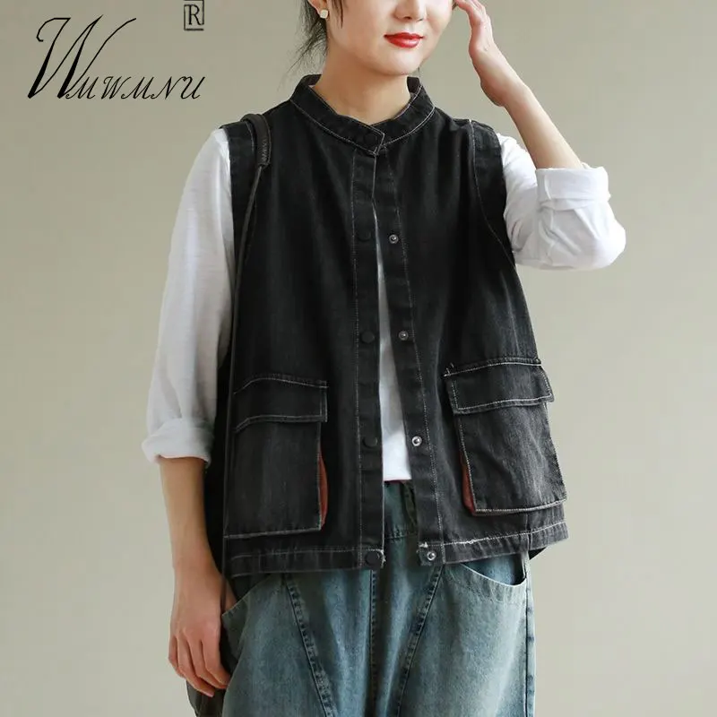 

Женский джинсовый жилет с воротником-стойкой, голубой Повседневный винтажный Топ большого размера 4XL в Корейском стиле, весна-лето 2021