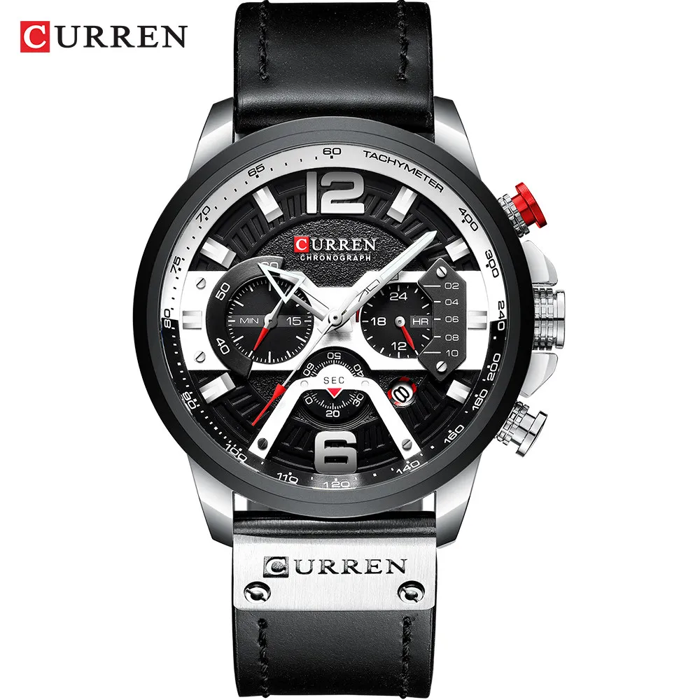 silver black watch Мужские наручные часы CURREN на кожаном ремешке, голубые, с секундомером - Цвет: silver black watch