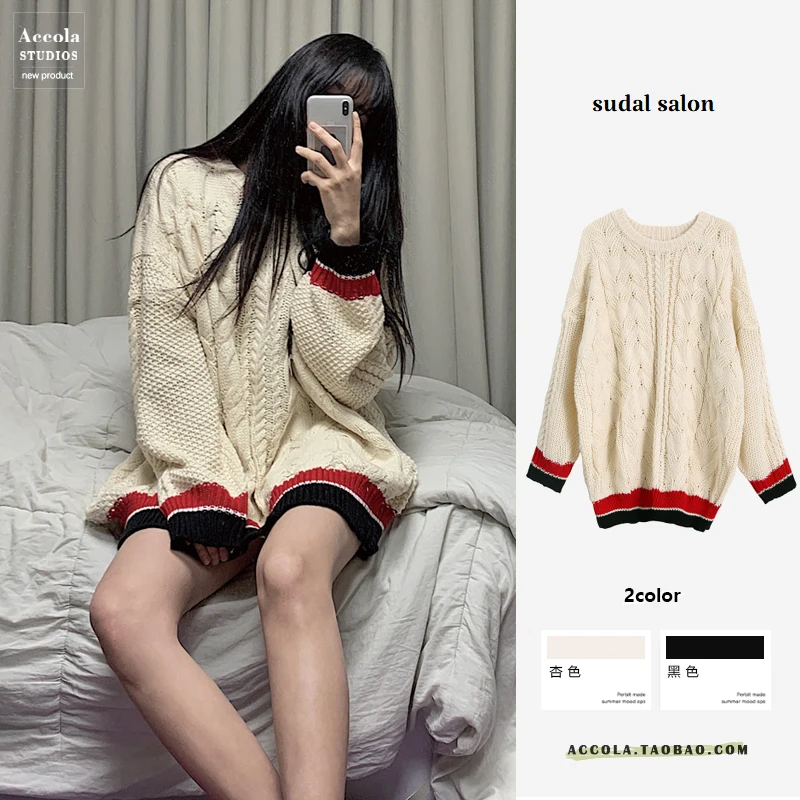 

Осенне-зимняя одежда в стиле ретро, вязаный свитер в японском стиле без одежды, плотный пуловер с круглым вырезом, Длинный свободный облегаю...