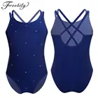 Гимнастический купальник без рукавов для девочек, блестящие стразы, на бретельках, для катания на коньках, детский балетный танцевальный комбинезон, цельный