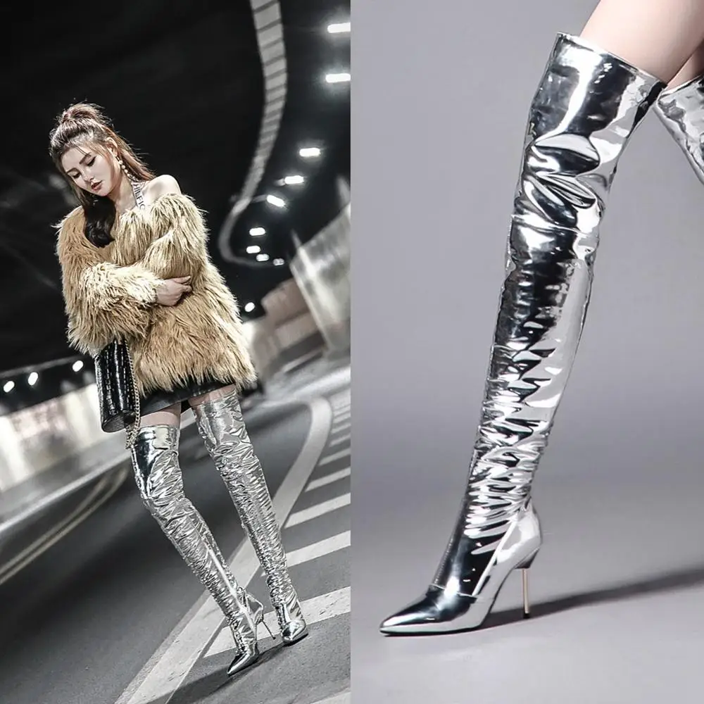 

2019 Women Over The Knee Boots Sexy Sequined Leather Thigh Boots High Heel Nightclub Fashion Ladies Shoes silver Size 32-43 39