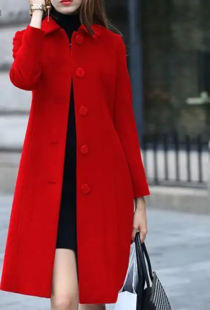 Abrigo de lana de estilo lujoso, 1 unids/lote, largo medio, de una sola botonadura, color rojo, azul y negro, para Otoño e Invierno