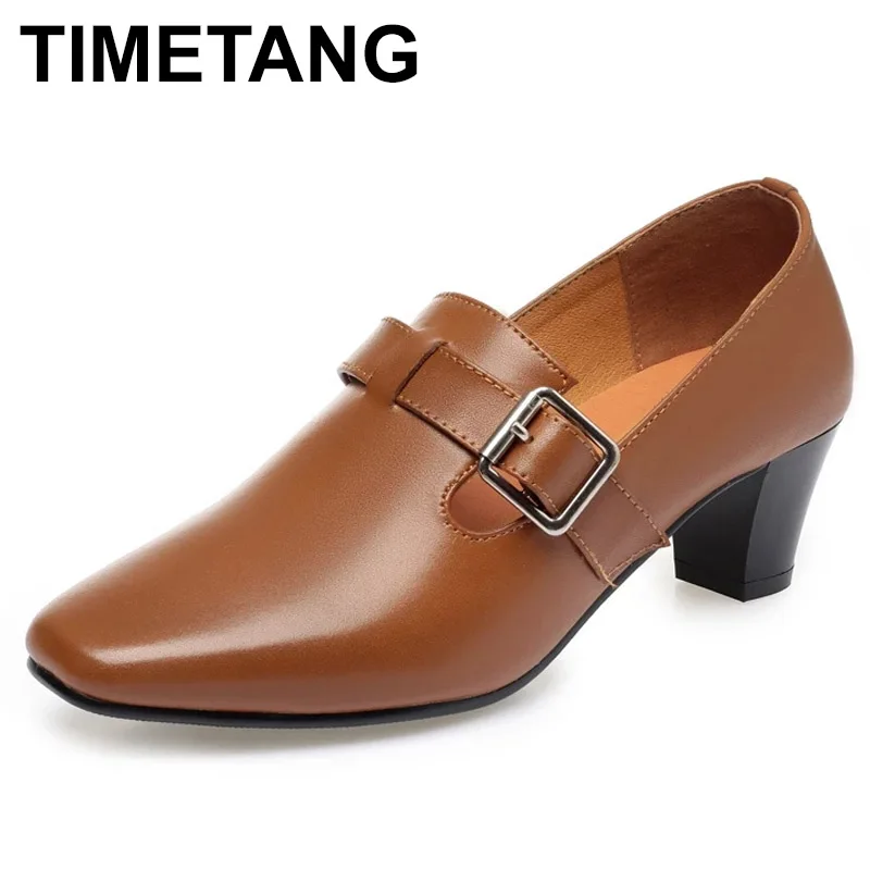 

TIMETANG Genuine Leather shoes Women Square Toe Pumps Sapato feminino Med Heels Big Size 41 42 43 Fashion Causal Women Shoe