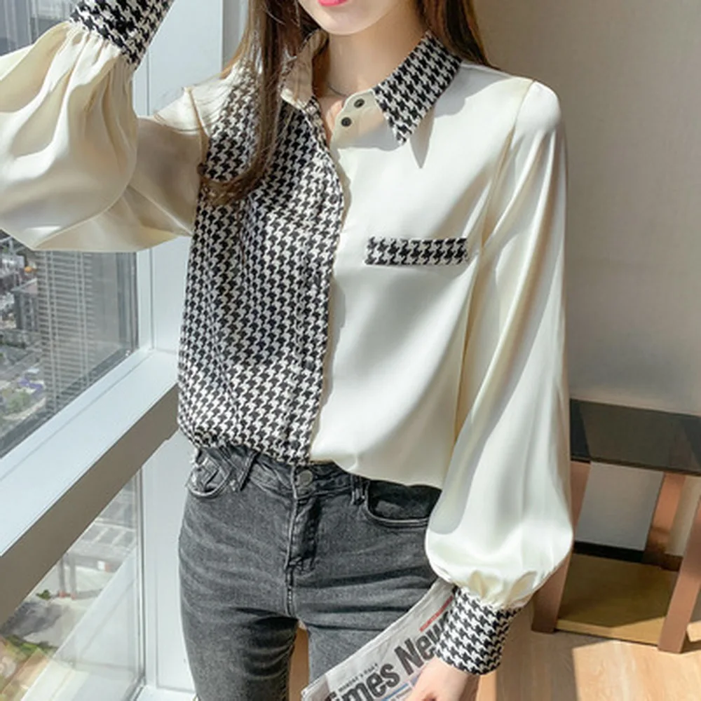 

Houndstooth Satin Blouse xnwmnz Women 2021 Office Lady Spliced Tops Patchwork Clothing Shirt Long Sleeve 2021 Beige Plus size