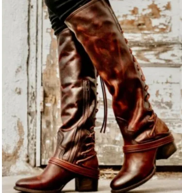 Женские винтажные мотоциклетные сапоги до колен на шнуровке 563 | Обувь