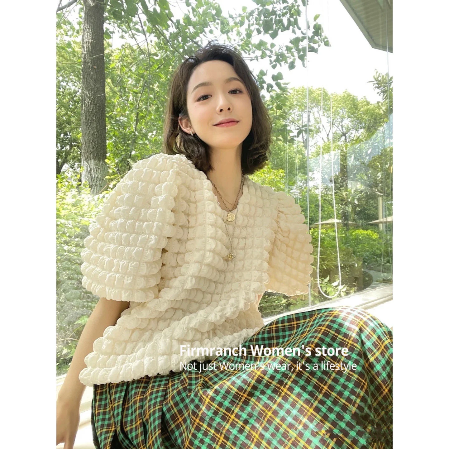 

Firmranch INS Hot Bubble Grid Waffle Texture Short Sleeve Round Collar Sweet Tees Milky White / Coffee Color Leisure Shirt