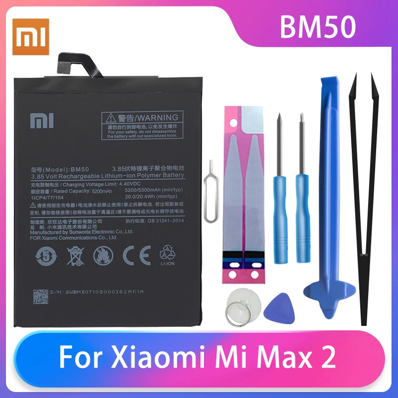 

Оригинальный аккумулятор для телефона Xiaomi Mi Max 2 MIMax2 BM50, аккумуляторная батарея большой емкости для телефона, 5200 мАч, бесплатные инструменты,...