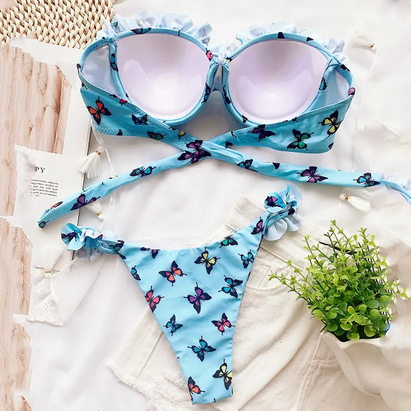 

Cheap Ruffle Micro Bikini Set Butterfly Printed Bikinis 2021 Mujer Sexy Women's Swimsuit Vintage Frill Swimwear Bathing Suit
