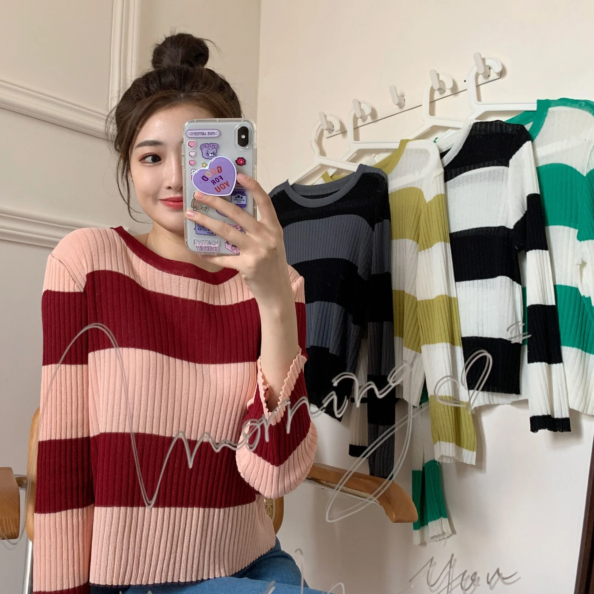 Black White Striped Contrast Color Knitted Long-Sleeved T-shirt for Women Early Autumn Thin Sweet Spicy College Style Rac | Женская