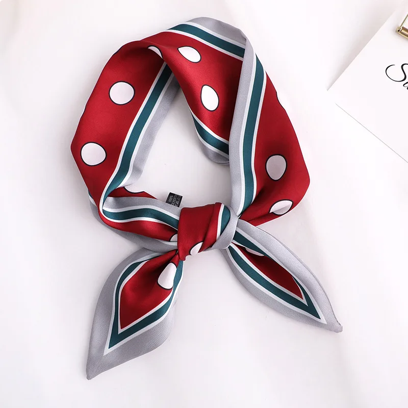 

2020 HOT SALE Women Dot Print Silk Scarf Small Handle Bag Ribbons Female Bufanda Head Scarves Wrap For Lady RED 90*10cm