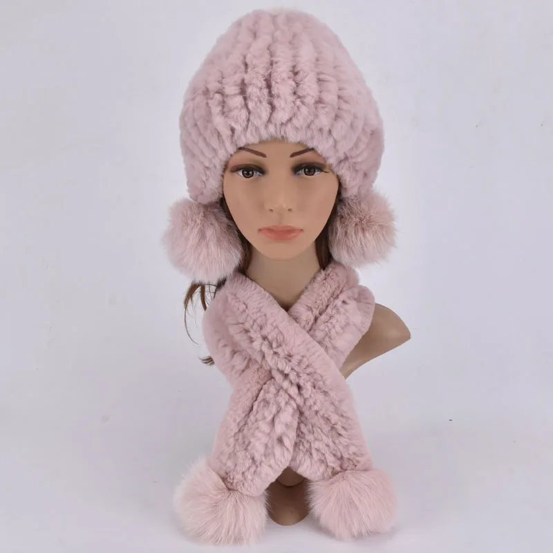 Детская вязаная шапка с помпоном из меха кролика рекс осенне зимние теплые шапки