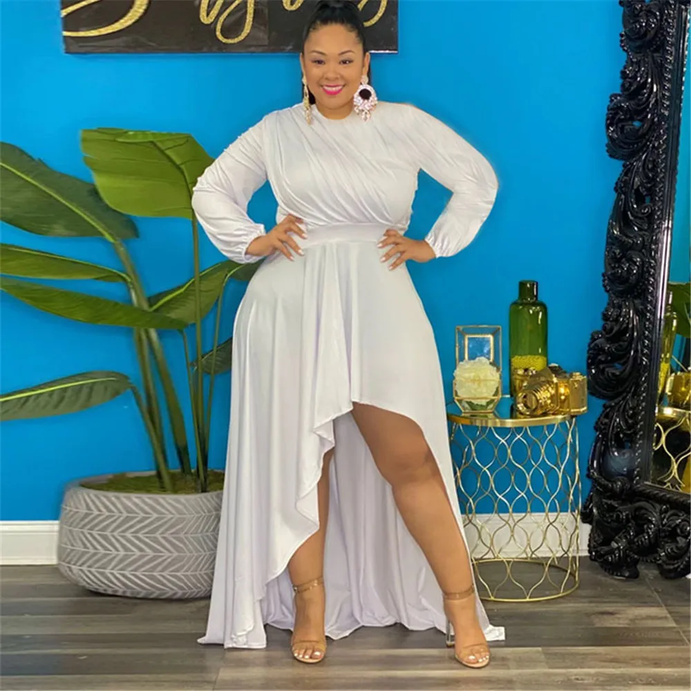 

2021 Autumn Winter New Dress Solid Color Womens African Fashion High Waist Irregular Round Neck Long Sleeve Loose Casual Women