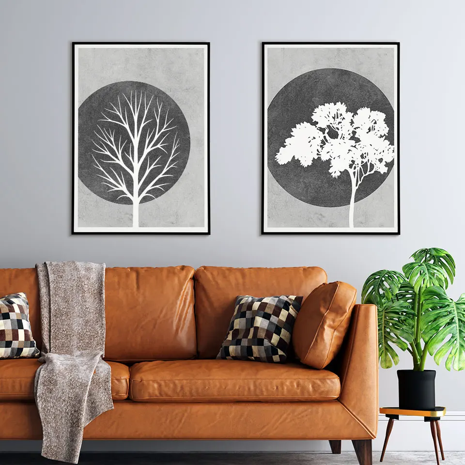 Плакат с силуэтом серого и белого дерева черная белая Картина на холсте