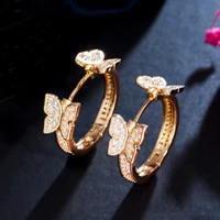 cwwzircons elegant shiny cubic zirconia circle round gold plated cute romantic double butterfly hoop earrings for women cz095
