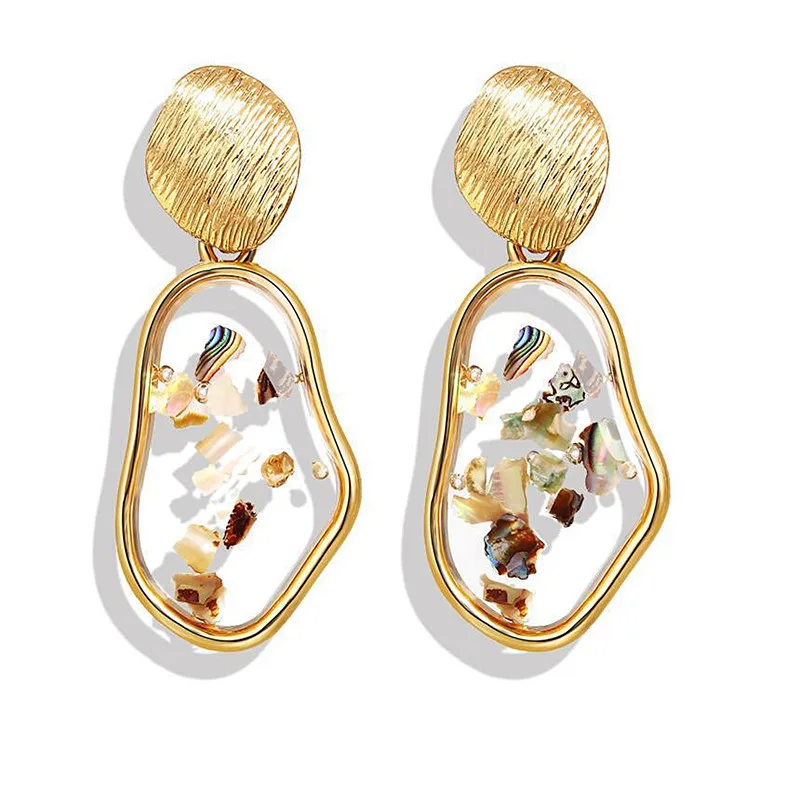 

European and American New Creative Retro Alloy Transparent Inlaid Broken Shell Geometric Irregular Earrings