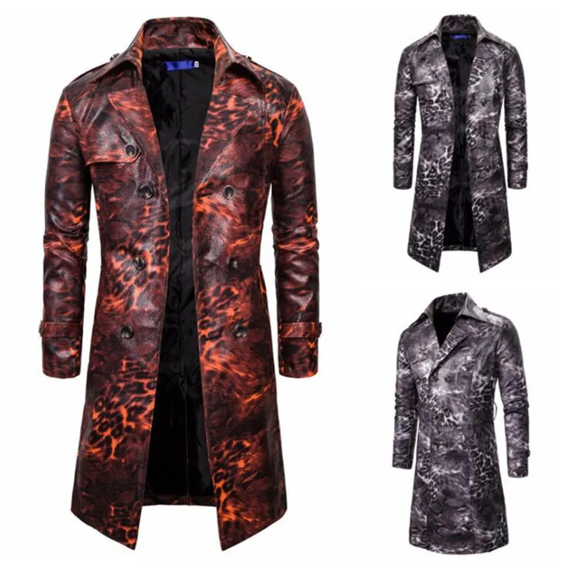 European code men's trench coat male British style casual fashion double-breasted leopard pattern long windbreaker jacket male