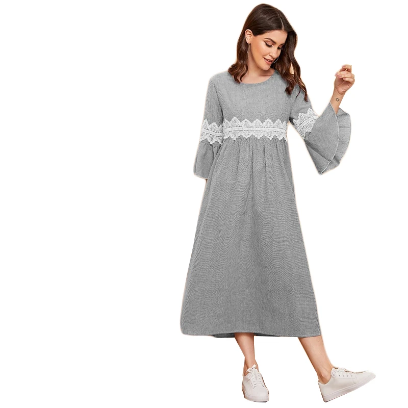 Dotfashion/повседневное кружевное платье с аппликацией, рукав-волан, женское платье, осень, 3/4, рукав А, ТРАПЕЦИЕВИДНОЕ ПЛАТЬЕ, женское платье в полоску с принтом Макси
