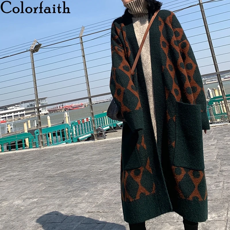 Женский свитер с большими карманами Colorfaith модный удлиненный кардиган оверсайз в