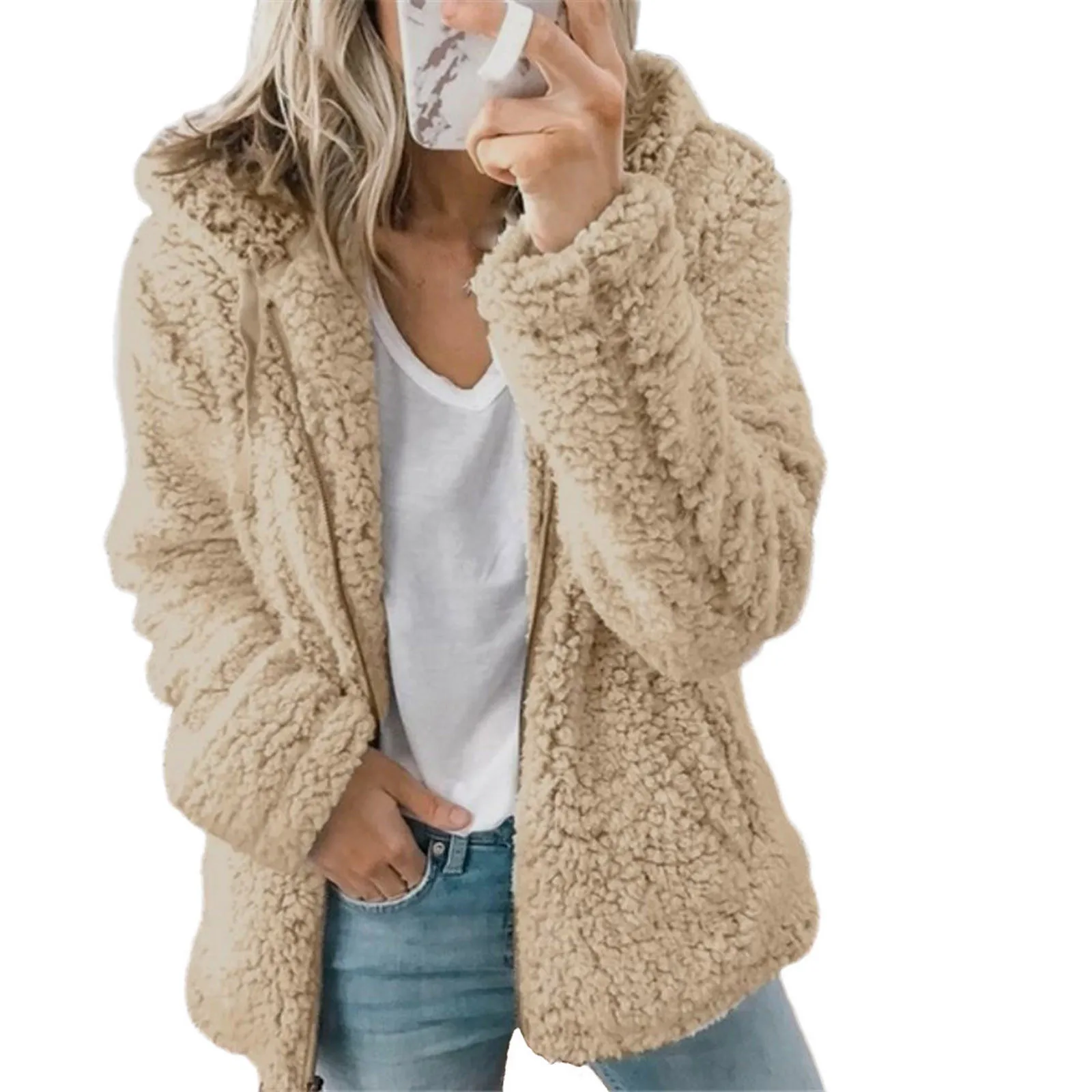 

Women Wool & Blends Casual Fashion Streetwear Women Winter Long Sleeve Comfortable Hoodies Cardigan Sweater Jacket Coat