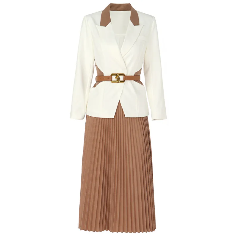 LANMREM Повседневный Блейзер Пальто с эластичной талией плиссированная юбка для