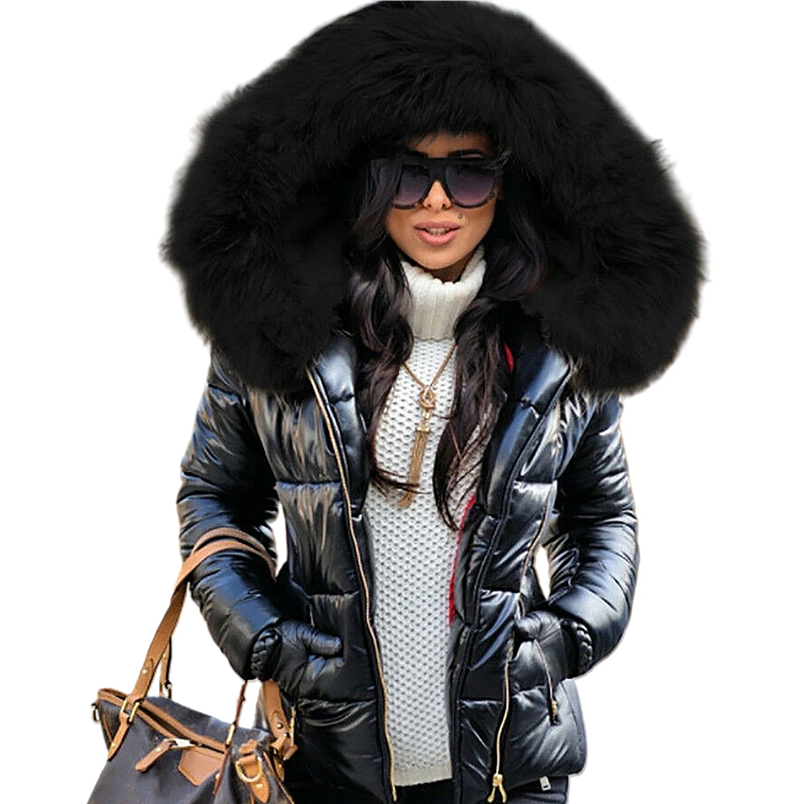 Women Autumn Winter Faux Fur Hood Zipper Warm Down Coat Outdoor Parka Outerwear