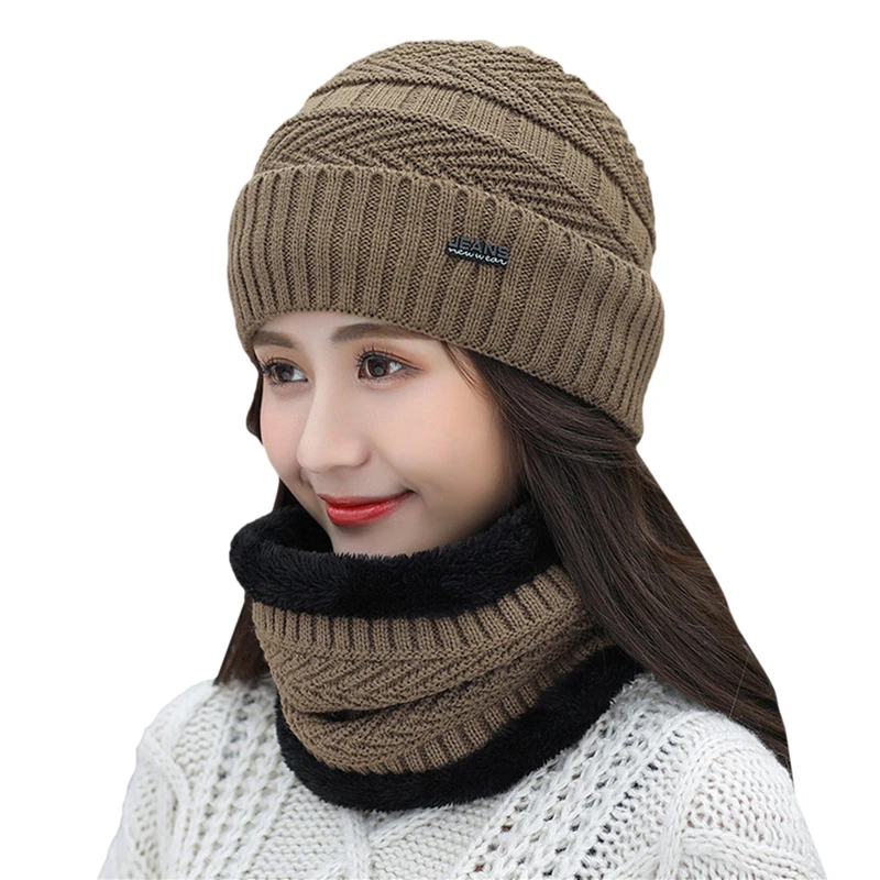 

Women's Knitted Hat Scarf Caps Neck Warmer Winter Hats For Men Women Skullies Beanies Warm Cap With Scarf Solid Women Hats