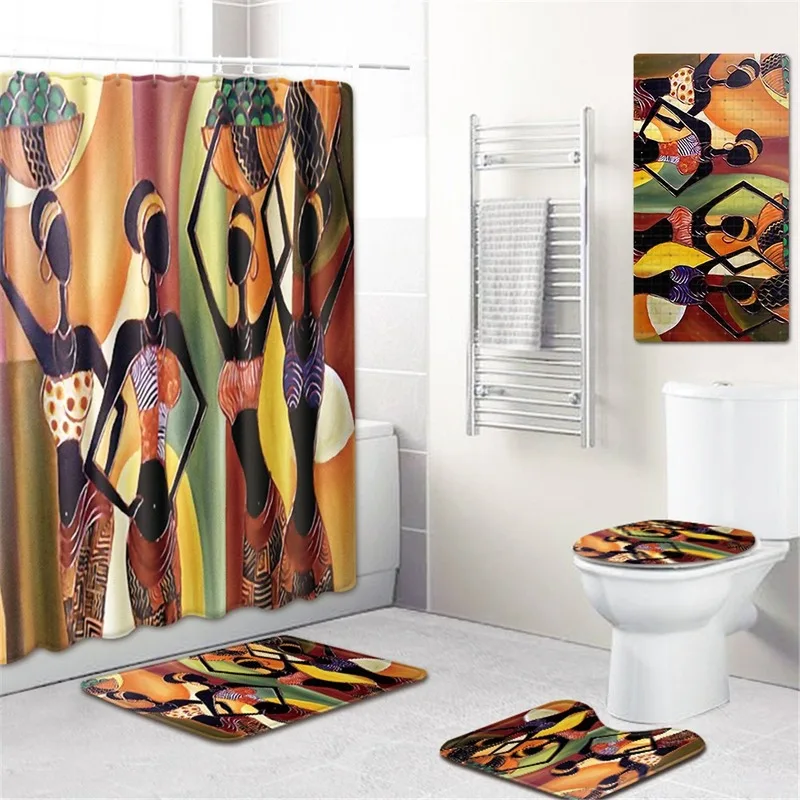 

African Women's Bathroom Shower Curtain PVC Floor Mat Toilet Cover Mat Waterproof Bath Mat Five-Piece Carpet