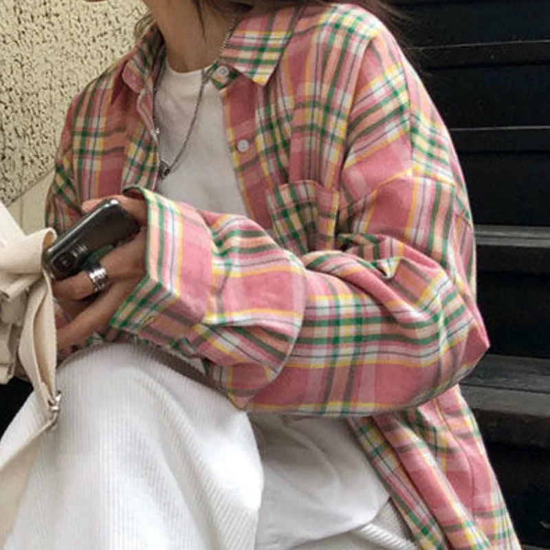 

Women Shirts Autumn Plaid Retro Oversize All-match Trendy Long Sleeve Shirt Female Simple Basic Loose Pink Sweet Elegant Ulzzang