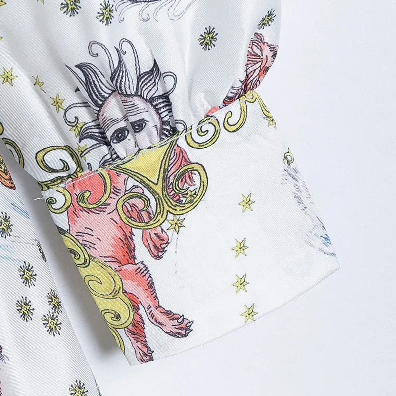 

Alldoke Vintage Geometric Print Dress Summer Women Bow Lace-up High Waist A-line Beach Style Dresses Ladies Puff Sleeve Dress