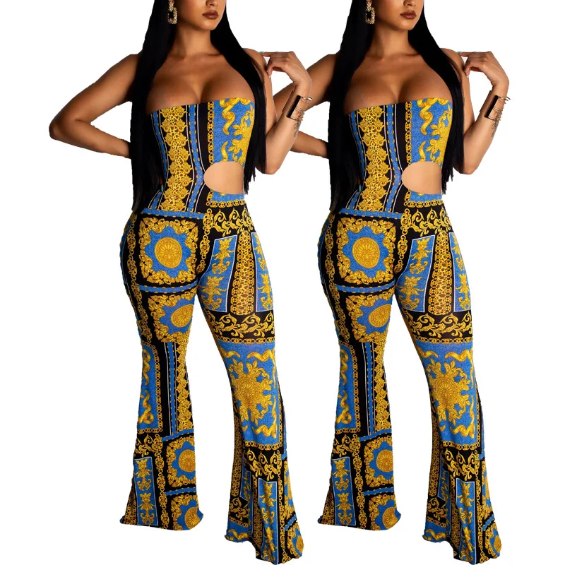 

Plus Size Women's One-piece Flared Trousers Noble Retro Geometric Print Sexy Tube Top Sleeveless Skinny Hollow Out Sexy Jumpsuit
