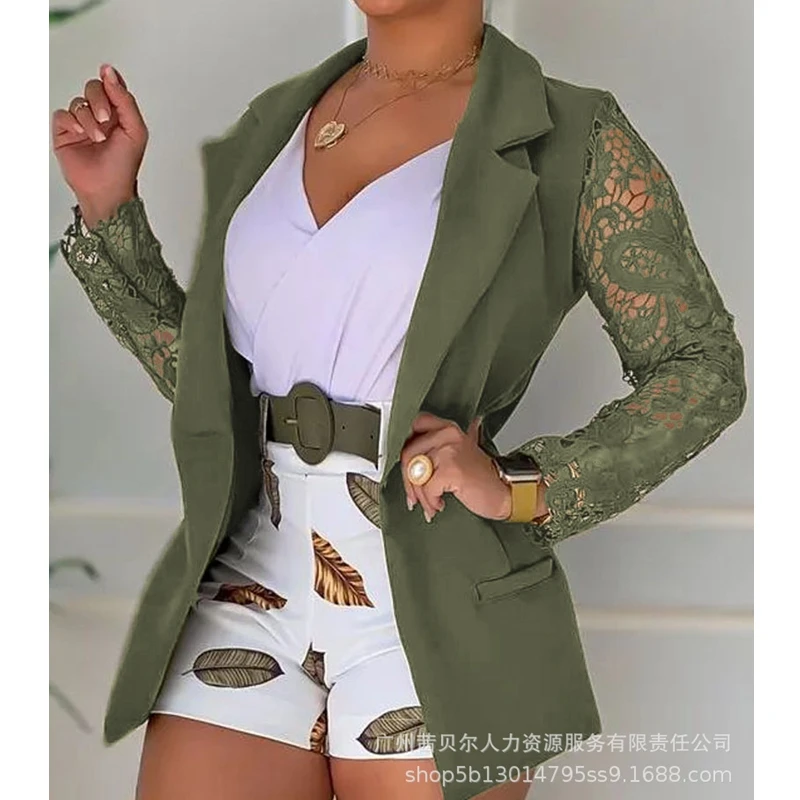 

Wepbel Green Lace Autumn Casual Coats Outwear Fashion Lace Blazer Coats Women Long Sleeve Single Button Singe Jacket Outwear