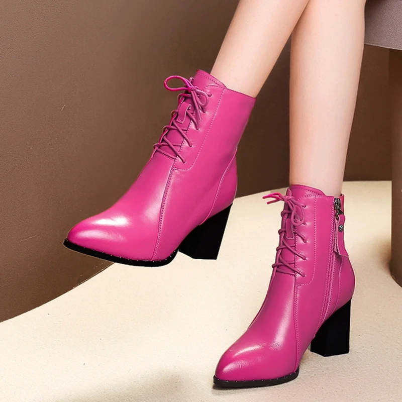 Beli Asli Niat Kulit Asli Sepatu Bot Tinggi Lace-Up Square Heels Boots Menunjuk Toe Merah Muda Kulit Hitam Sepatu Wanita Plus Ukuran