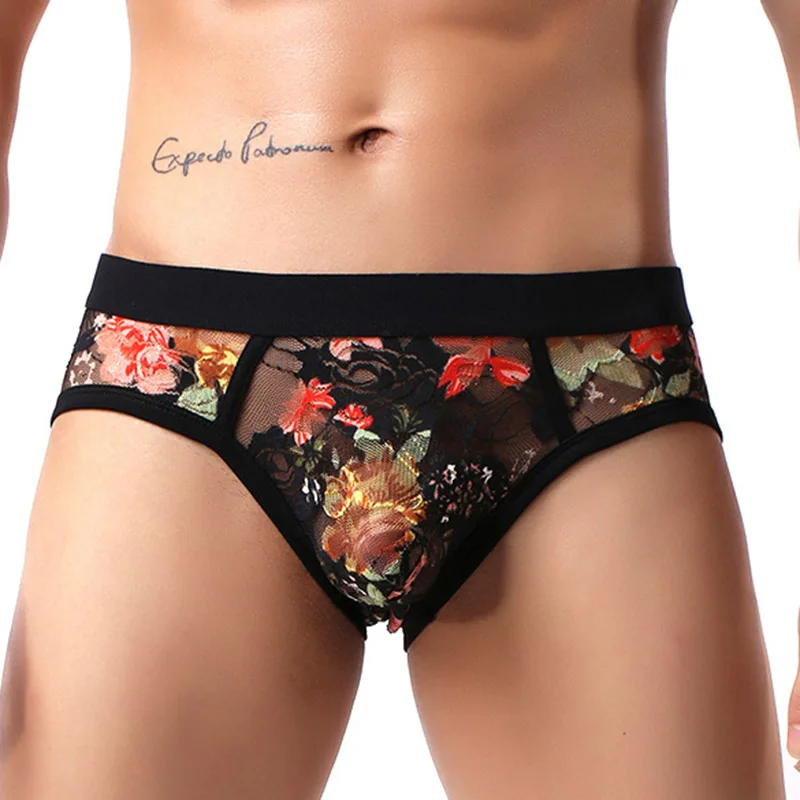 

Men\\'s Briefs Sexy Low Rise Lace Briefs See Through Breathable Underpants Floral Pattern Male Underwear Intimates