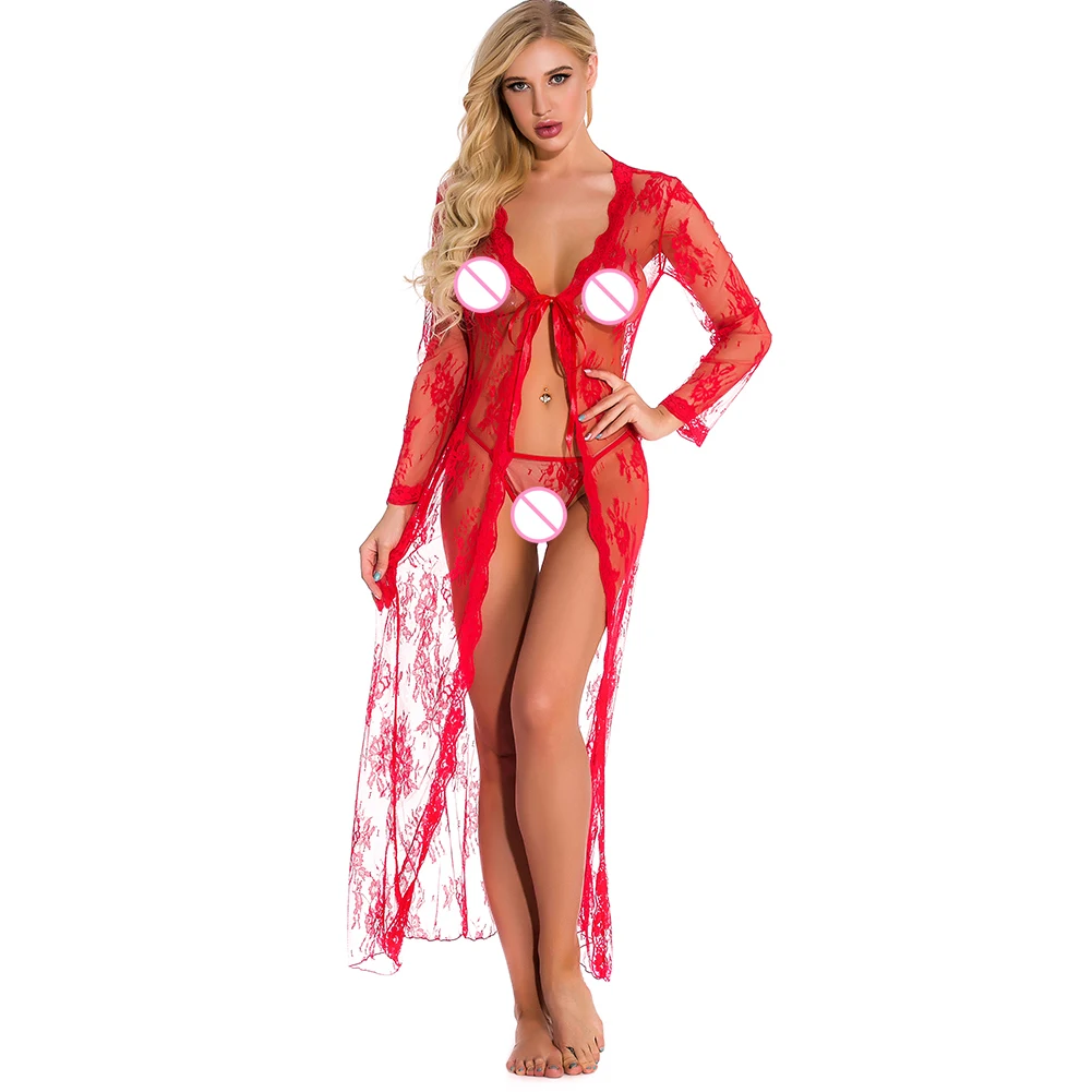 

Women Erotic Long Sleeve Floral Lace See Through Nightgown G-String Sleepwear Set Floral Lace See Through Nightgown G-String