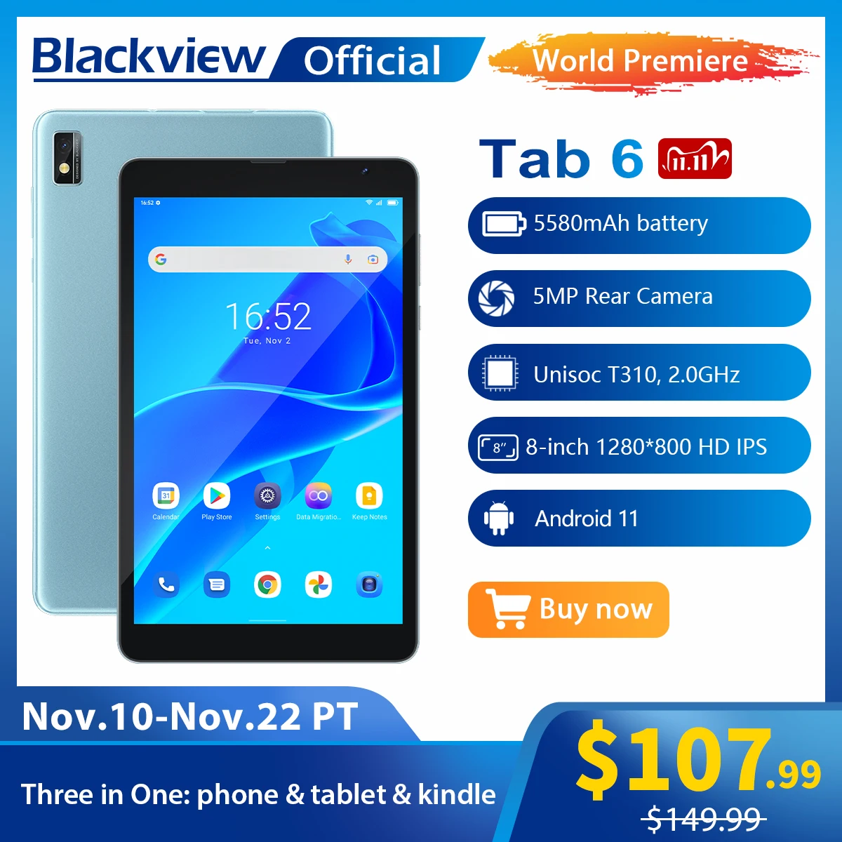 Blackview Tab 6 планшет, экран 8 дюймов, 3 Гб ОЗУ 32 Гб ПЗУ, Android 11, 5580 мАч