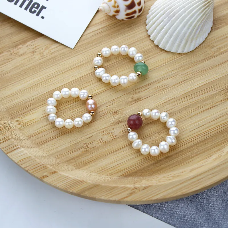 

Женское регулируемое кольцо ручной работы, эластичное кольцо с натуральным пресноводным жемчугом и клубничным кристаллом, 2021